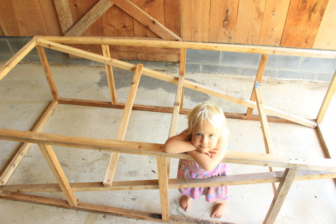 Chicken tractor frame of wood.