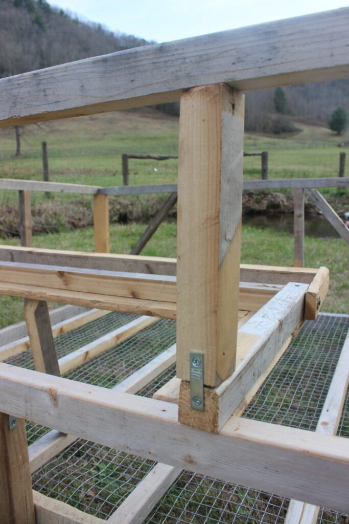 Mounting nesting area to a mobile chicken coop.
