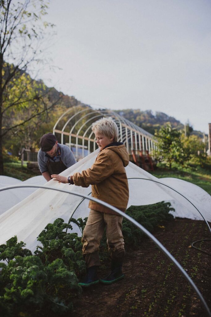 A boy and his father adding a row cover over hoops in the garden.