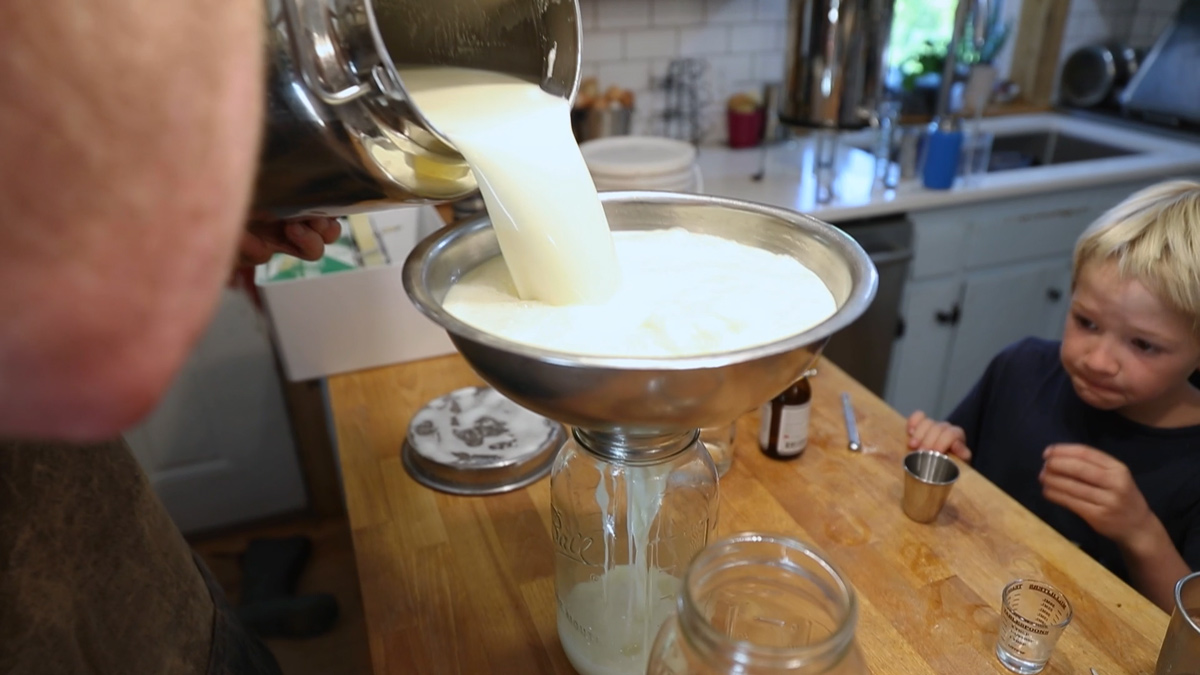 Straining raw milk into half gallon Mason jars.
