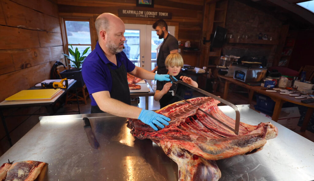 A man and young boy sawing a side of beef.